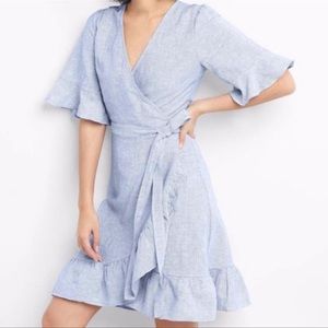 GAP Linen Blue & White Ruffle Wrap Dress Petite Small | V-Neck Summer Dress